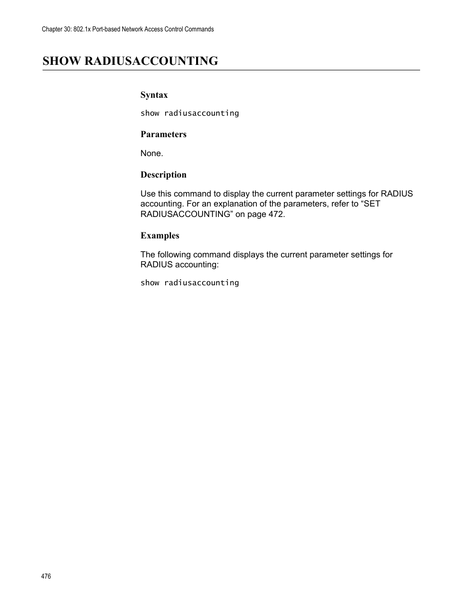 Show radiusaccounting, Syntax, Parameters | Description, Examples | Allied Telesis AT-S63 User Manual | Page 476 / 562