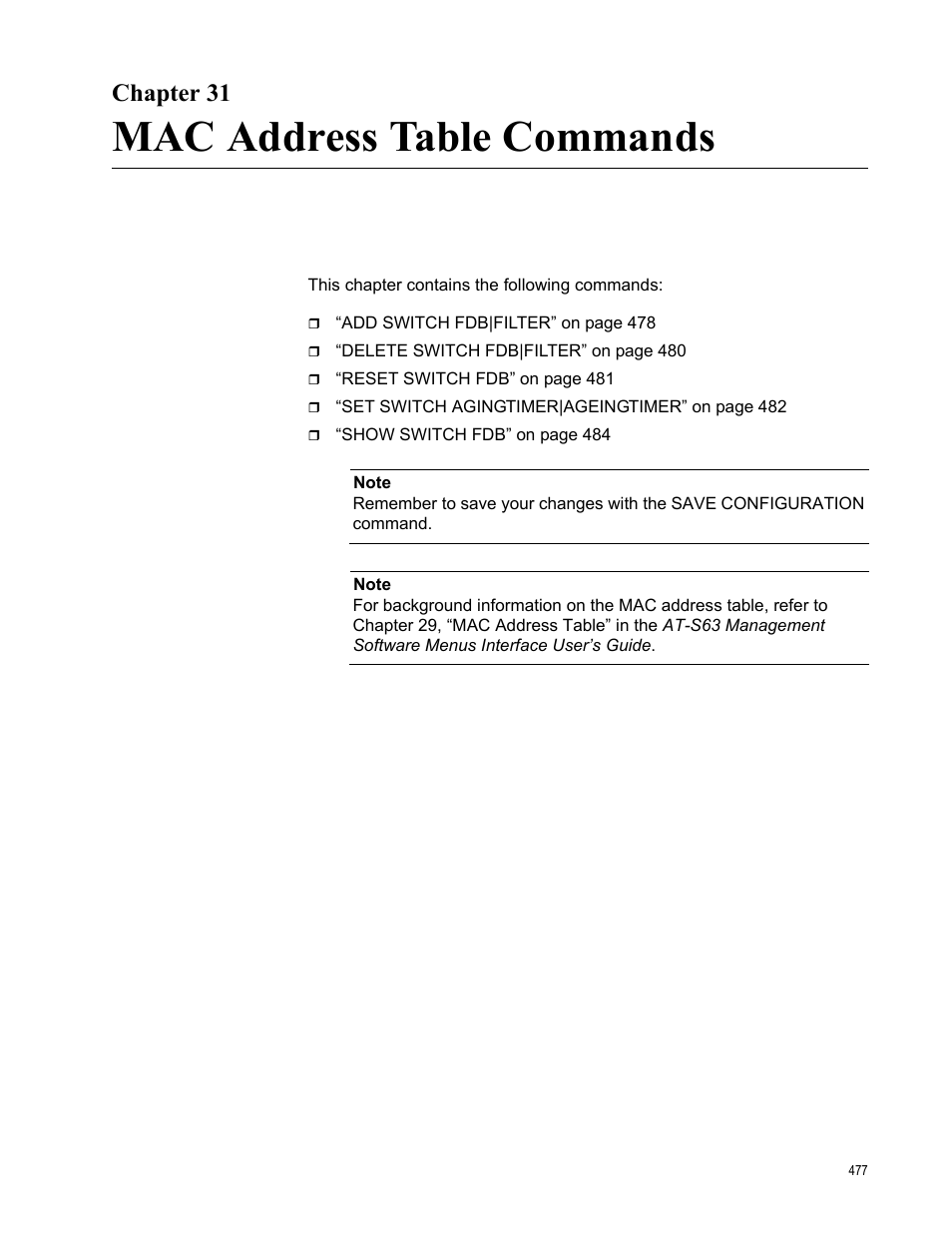 Chapter 31, Mac address table commands | Allied Telesis AT-S63 User Manual | Page 477 / 562