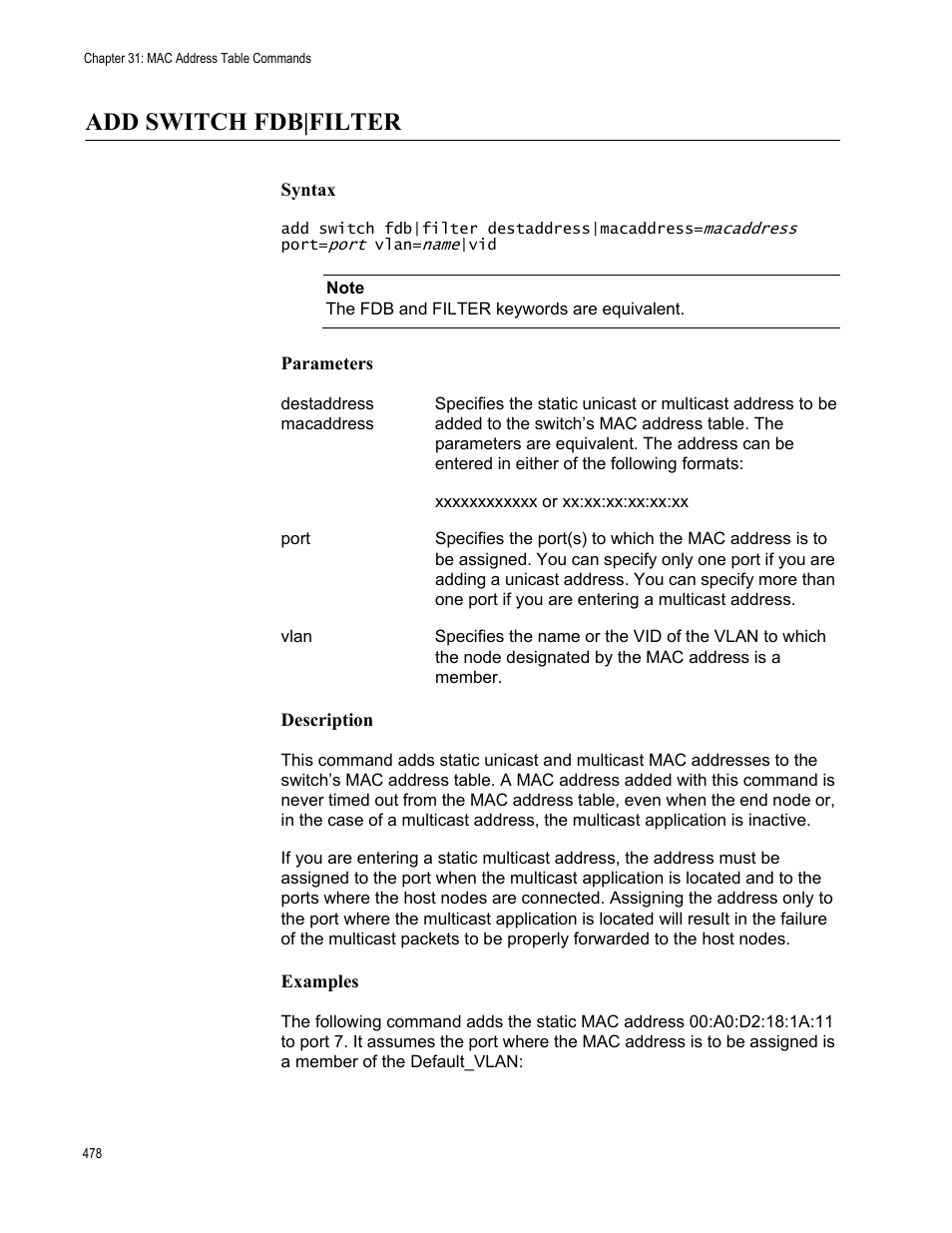 Add switch fdb|filter, Syntax, Parameters | Description, Examples | Allied Telesis AT-S63 User Manual | Page 478 / 562