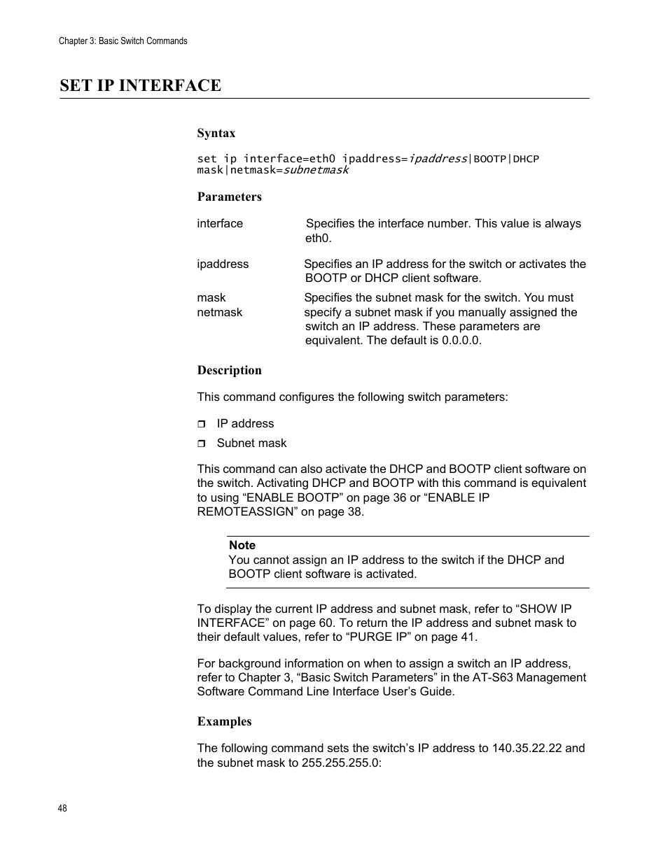 Set ip interface, Syntax, Parameters | Description, Examples | Allied Telesis AT-S63 User Manual | Page 48 / 562