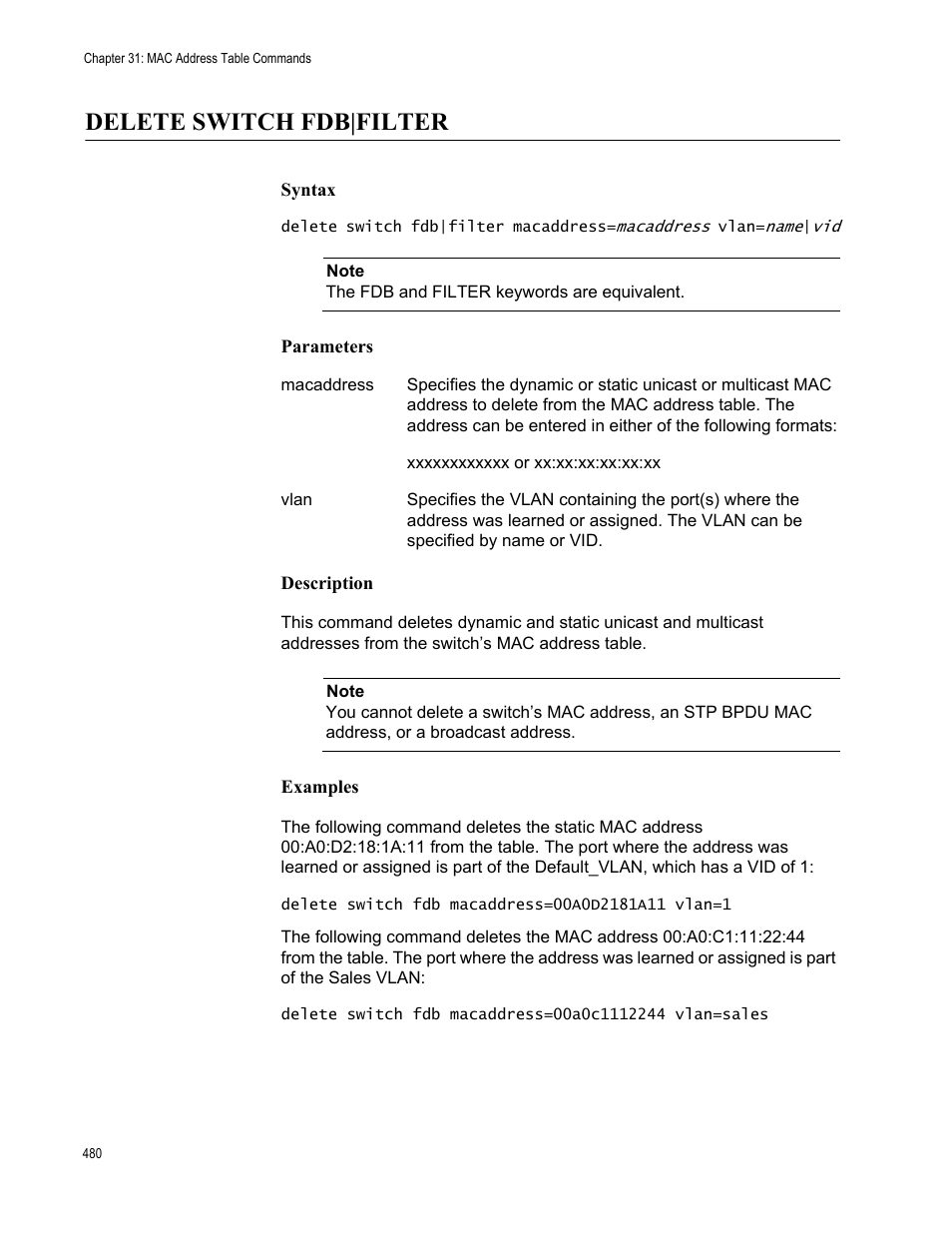 Delete switch fdb|filter, Syntax, Parameters | Description, Examples | Allied Telesis AT-S63 User Manual | Page 480 / 562
