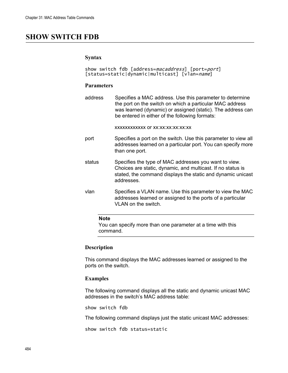 Show switch fdb, Syntax, Parameters | Description, Examples | Allied Telesis AT-S63 User Manual | Page 484 / 562