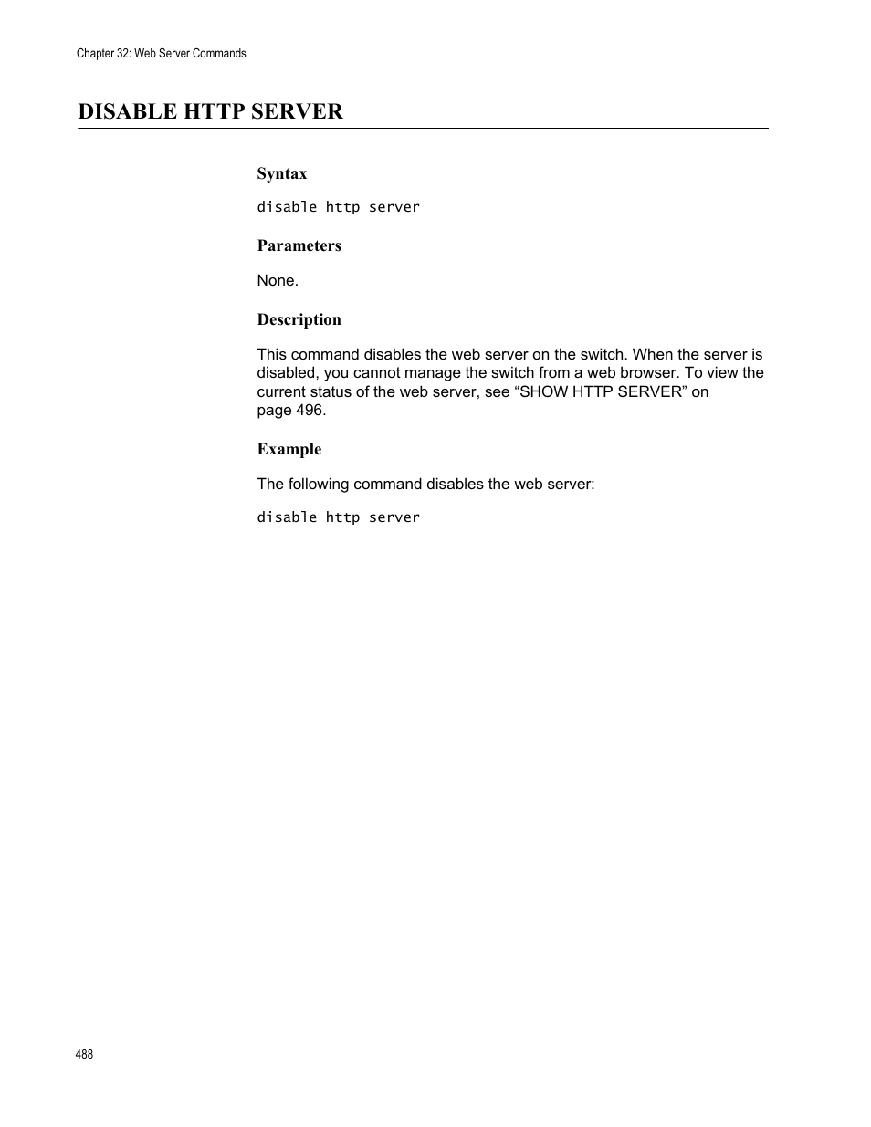 Disable http server, Syntax, Parameters | Description, Example | Allied Telesis AT-S63 User Manual | Page 488 / 562