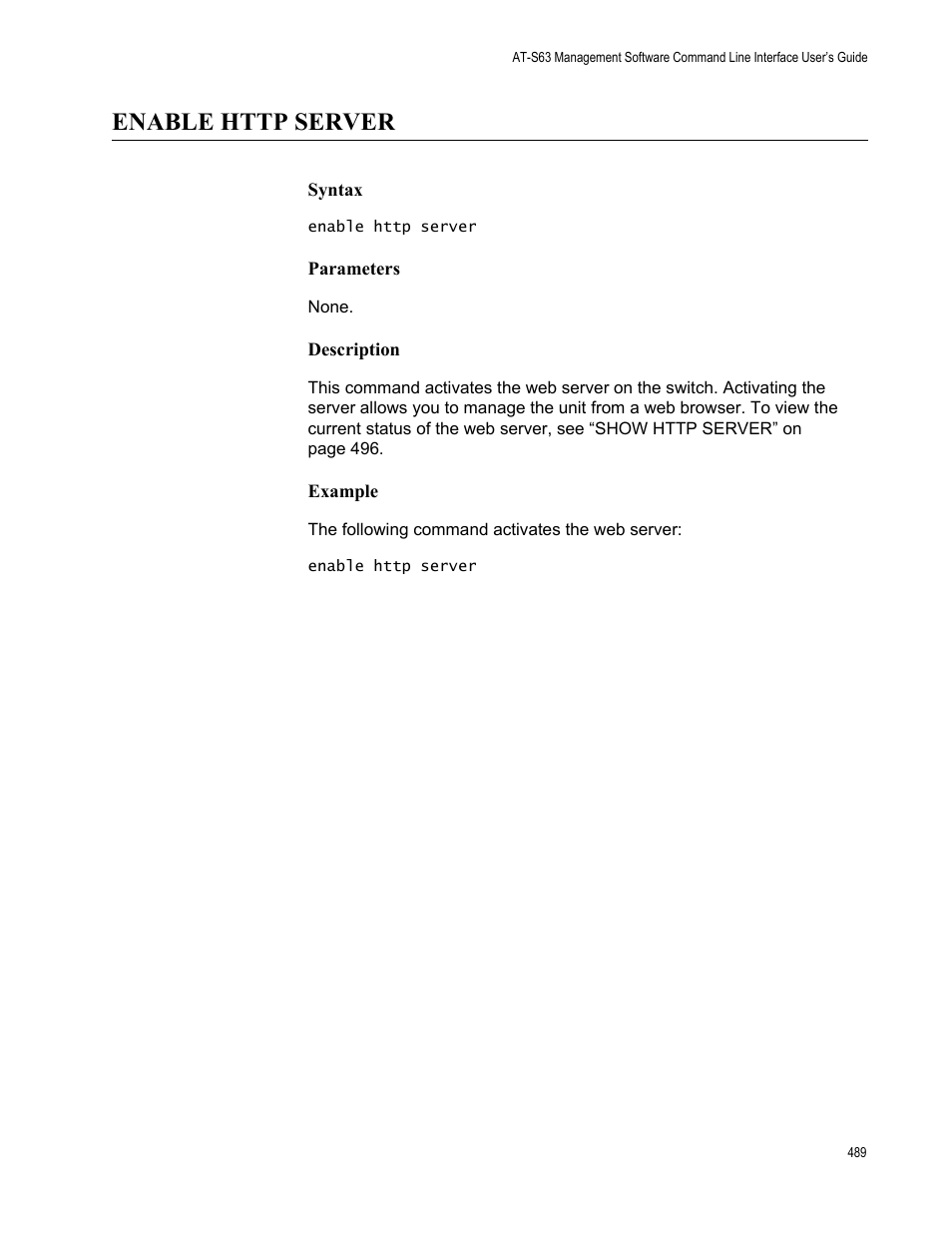 Enable http server, Syntax, Parameters | Description, Example | Allied Telesis AT-S63 User Manual | Page 489 / 562