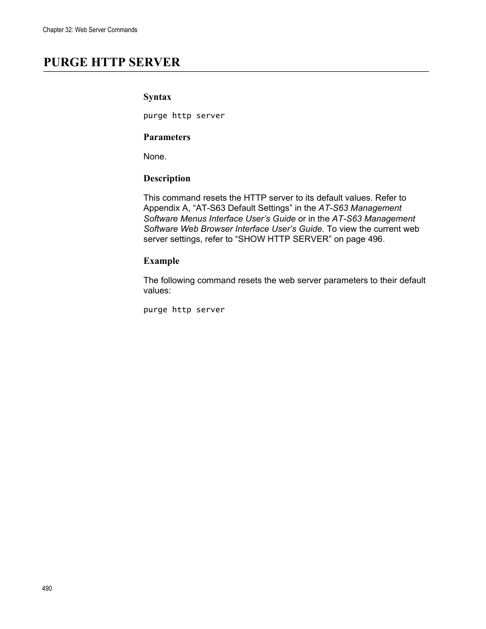 Purge http server, Syntax, Parameters | Description, Example | Allied Telesis AT-S63 User Manual | Page 490 / 562