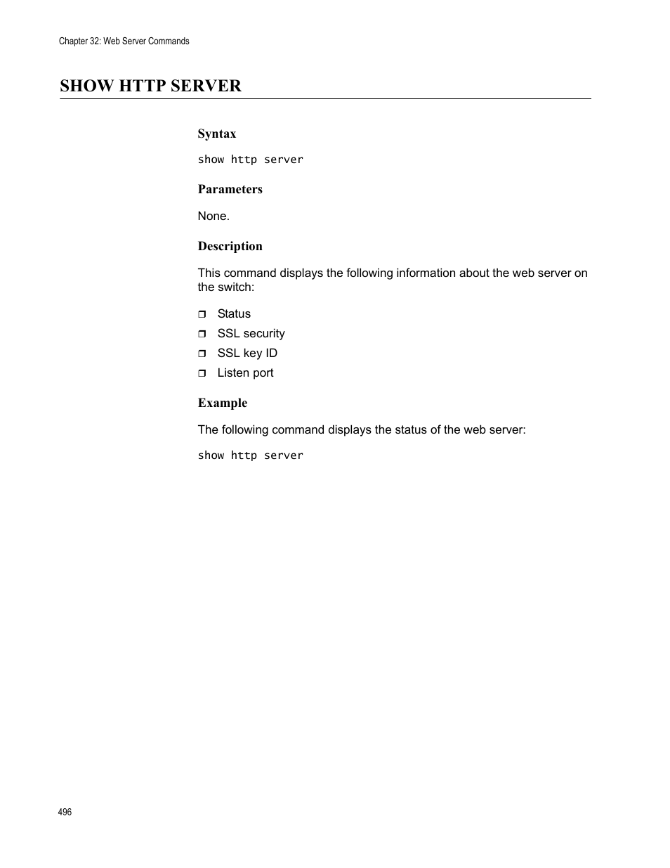 Show http server, Syntax, Parameters | Description, Example | Allied Telesis AT-S63 User Manual | Page 496 / 562