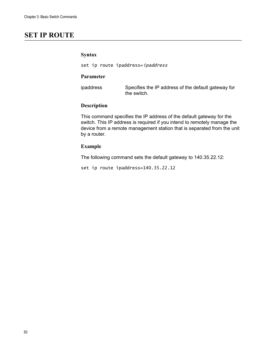 Set ip route, Syntax, Parameter | Description, Example | Allied Telesis AT-S63 User Manual | Page 50 / 562