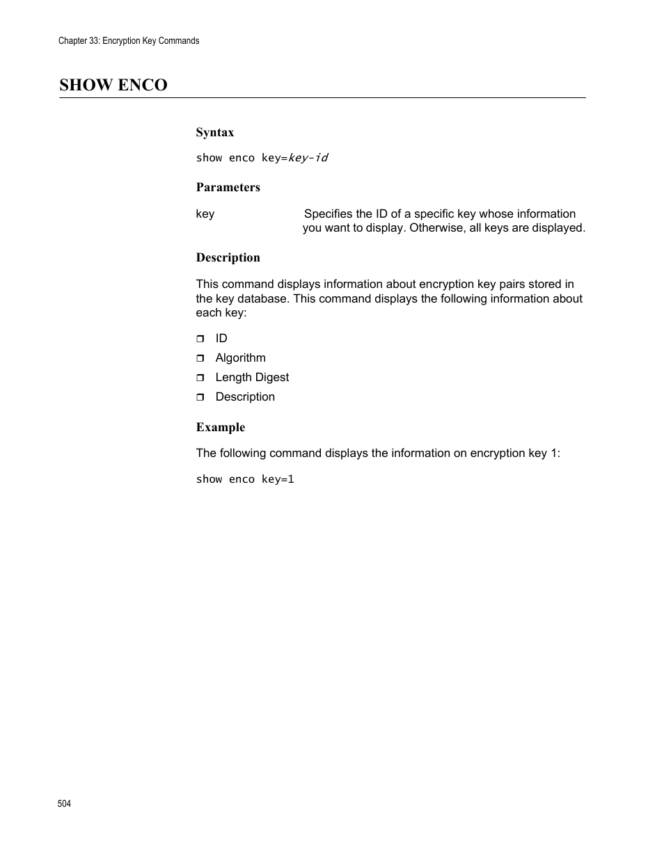 Show enco, Syntax, Parameters | Description, Example | Allied Telesis AT-S63 User Manual | Page 504 / 562