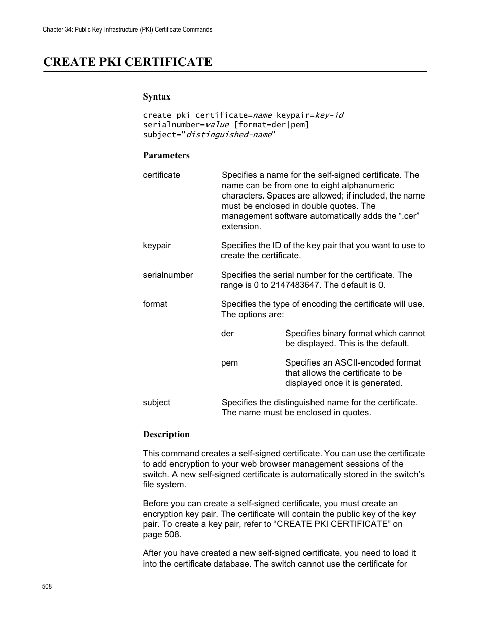 Create pki certificate, Syntax, Parameters | Description | Allied Telesis AT-S63 User Manual | Page 508 / 562