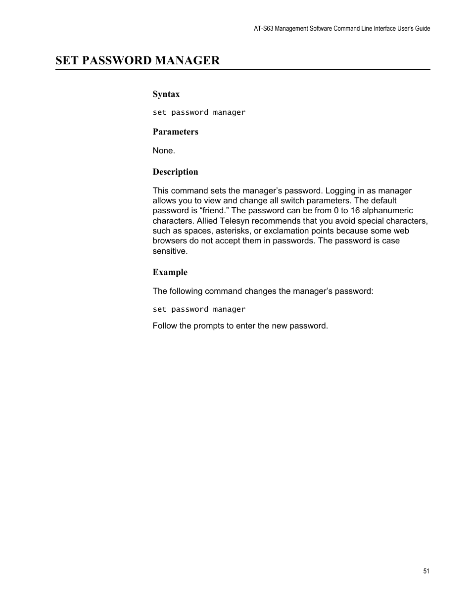 Set password manager, Syntax, Parameters | Description, Example | Allied Telesis AT-S63 User Manual | Page 51 / 562