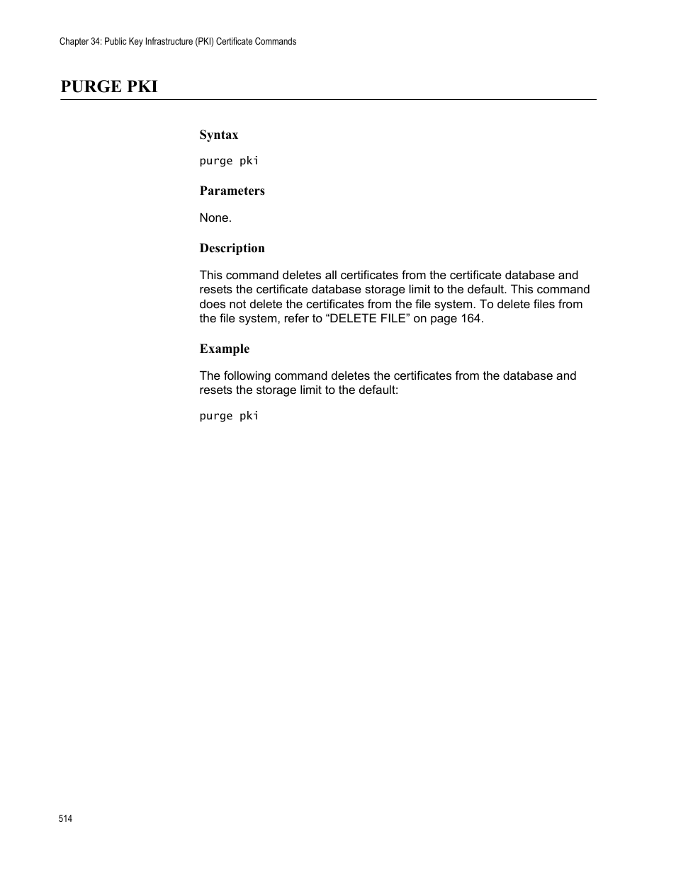 Purge pki, Syntax, Parameters | Description, Example | Allied Telesis AT-S63 User Manual | Page 514 / 562