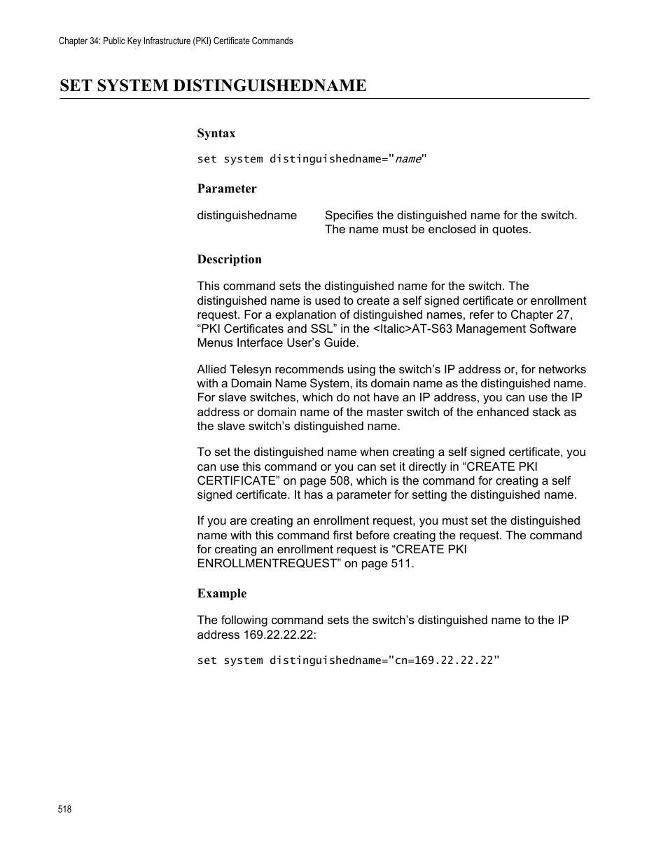 Set system distinguishedname, Syntax, Parameter | Description, Example, Name using “set system | Allied Telesis AT-S63 User Manual | Page 518 / 562