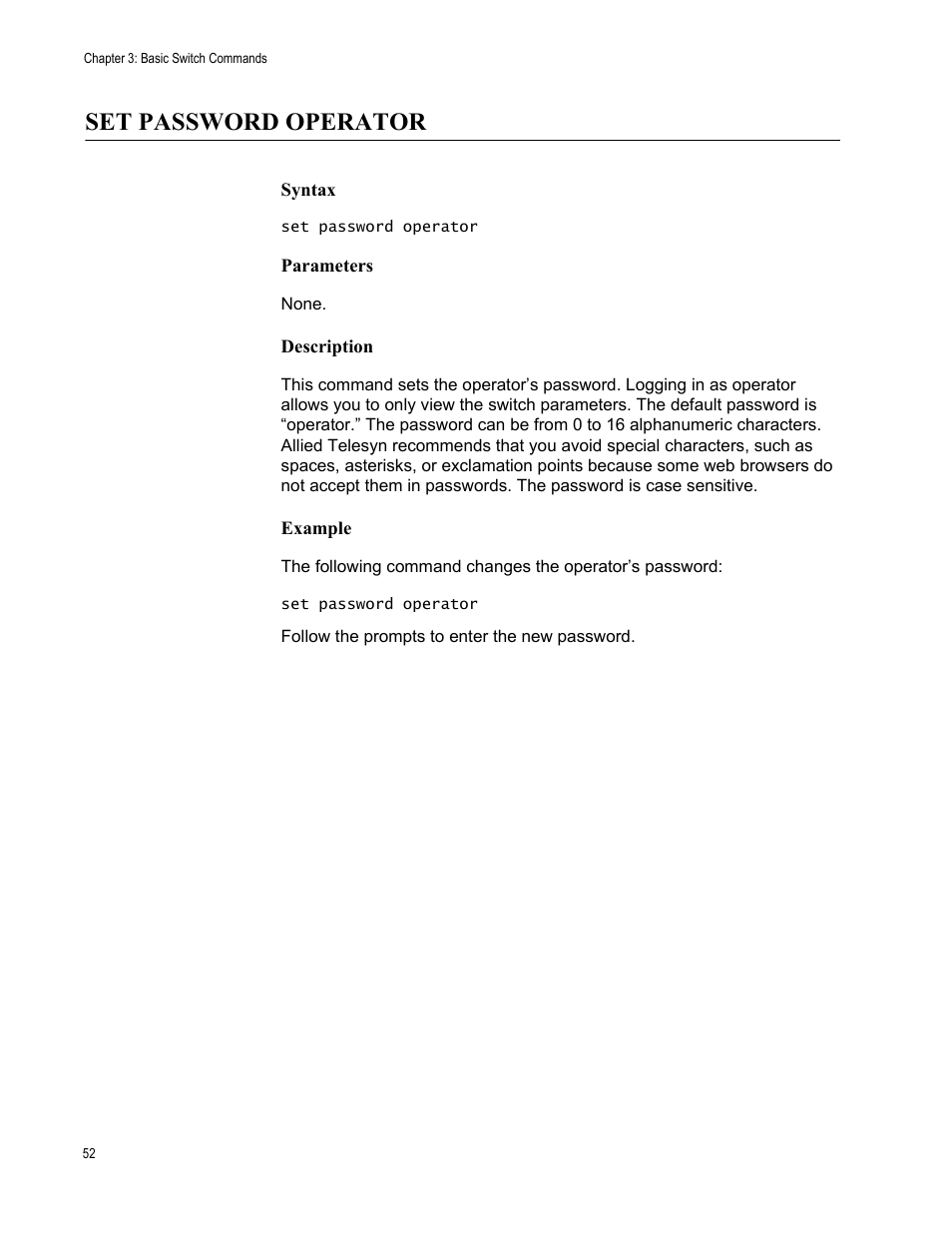 Set password operator, Syntax, Parameters | Description, Example | Allied Telesis AT-S63 User Manual | Page 52 / 562