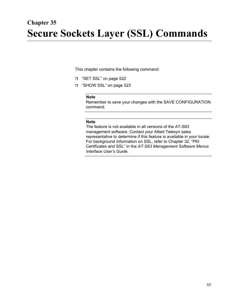 Chapter 35, Secure sockets layer (ssl) commands | Allied Telesis AT-S63 User Manual | Page 521 / 562