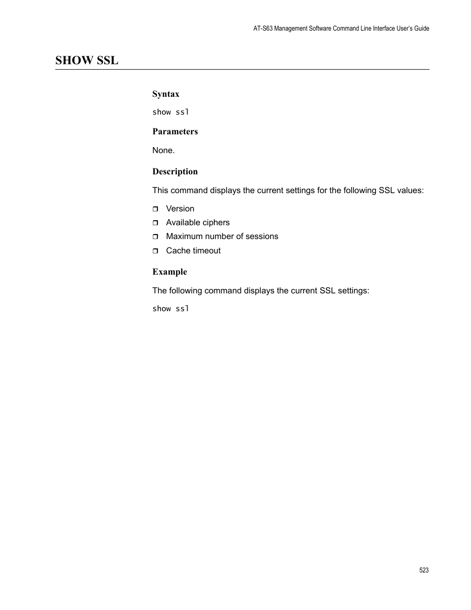 Show ssl, Syntax, Parameters | Description, Example | Allied Telesis AT-S63 User Manual | Page 523 / 562