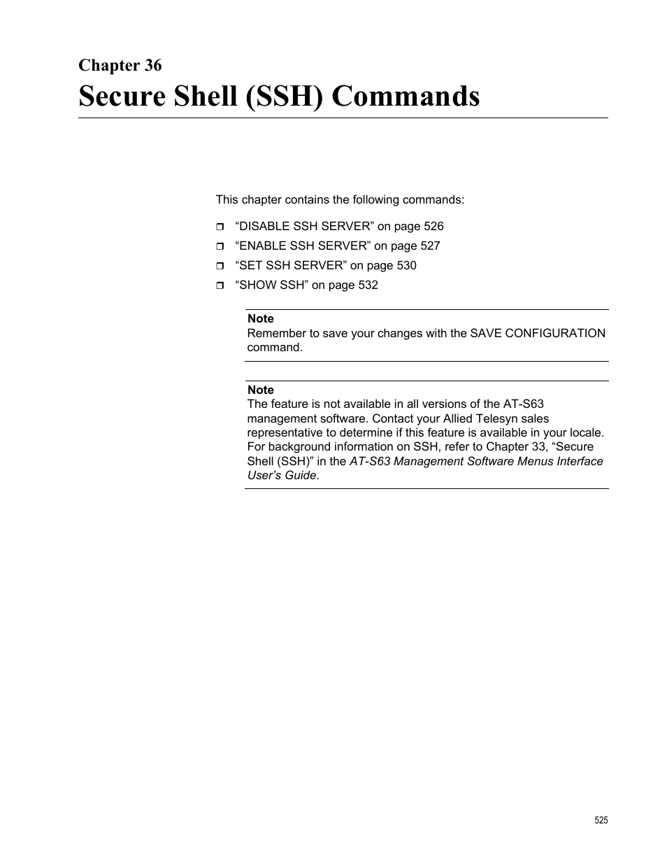 Chapter 36, Secure shell (ssh) commands | Allied Telesis AT-S63 User Manual | Page 525 / 562