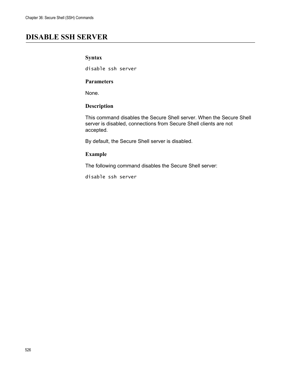 Disable ssh server, Syntax, Parameters | Description, Example | Allied Telesis AT-S63 User Manual | Page 526 / 562