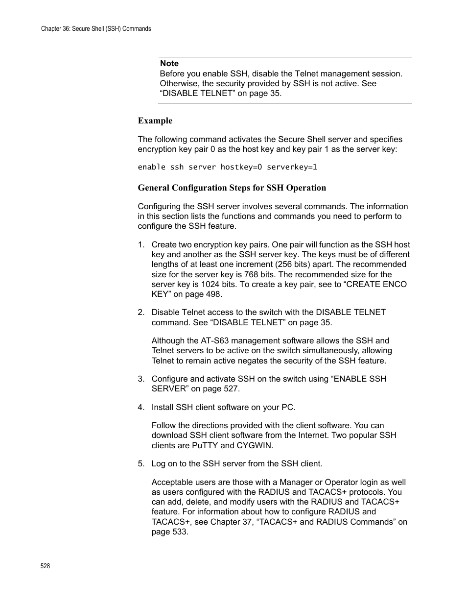 Example, General configuration steps for ssh operation | Allied Telesis AT-S63 User Manual | Page 528 / 562