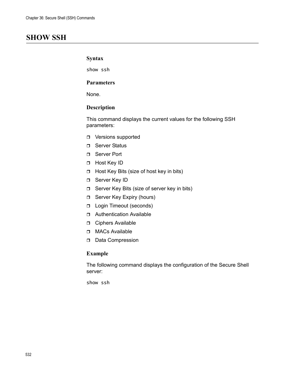 Show ssh, Syntax, Parameters | Description, Example | Allied Telesis AT-S63 User Manual | Page 532 / 562