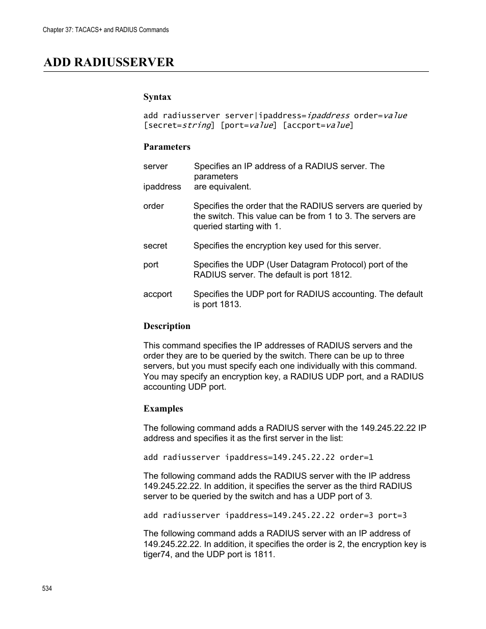 Add radiusserver, Syntax, Parameters | Description, Examples | Allied Telesis AT-S63 User Manual | Page 534 / 562