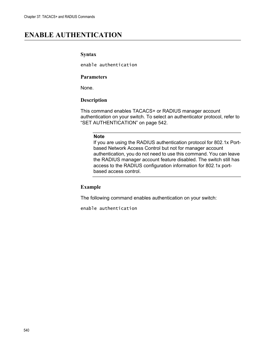 Enable authentication, Syntax, Parameters | Description, Example | Allied Telesis AT-S63 User Manual | Page 540 / 562