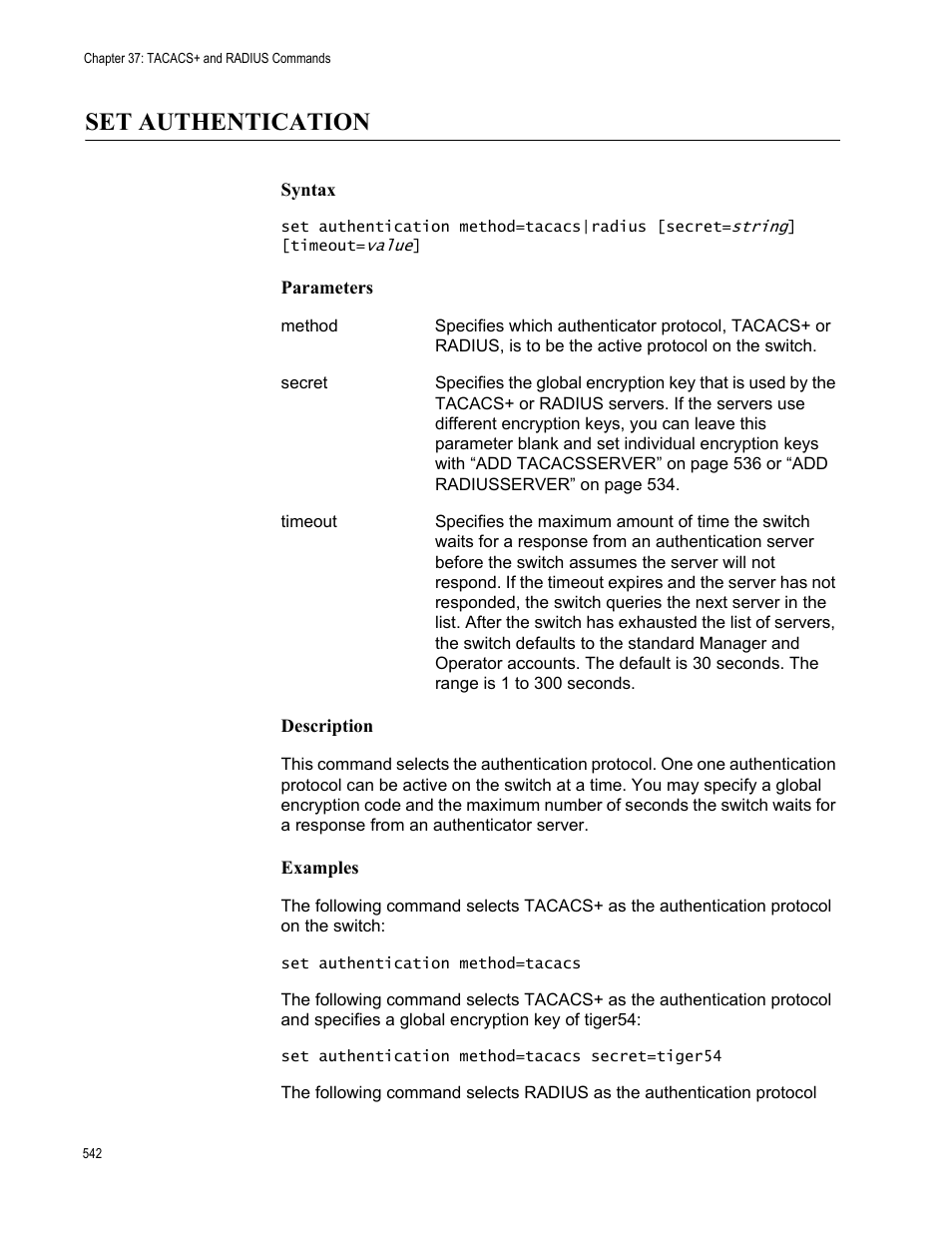 Set authentication, Syntax, Parameters | Description, Examples | Allied Telesis AT-S63 User Manual | Page 542 / 562