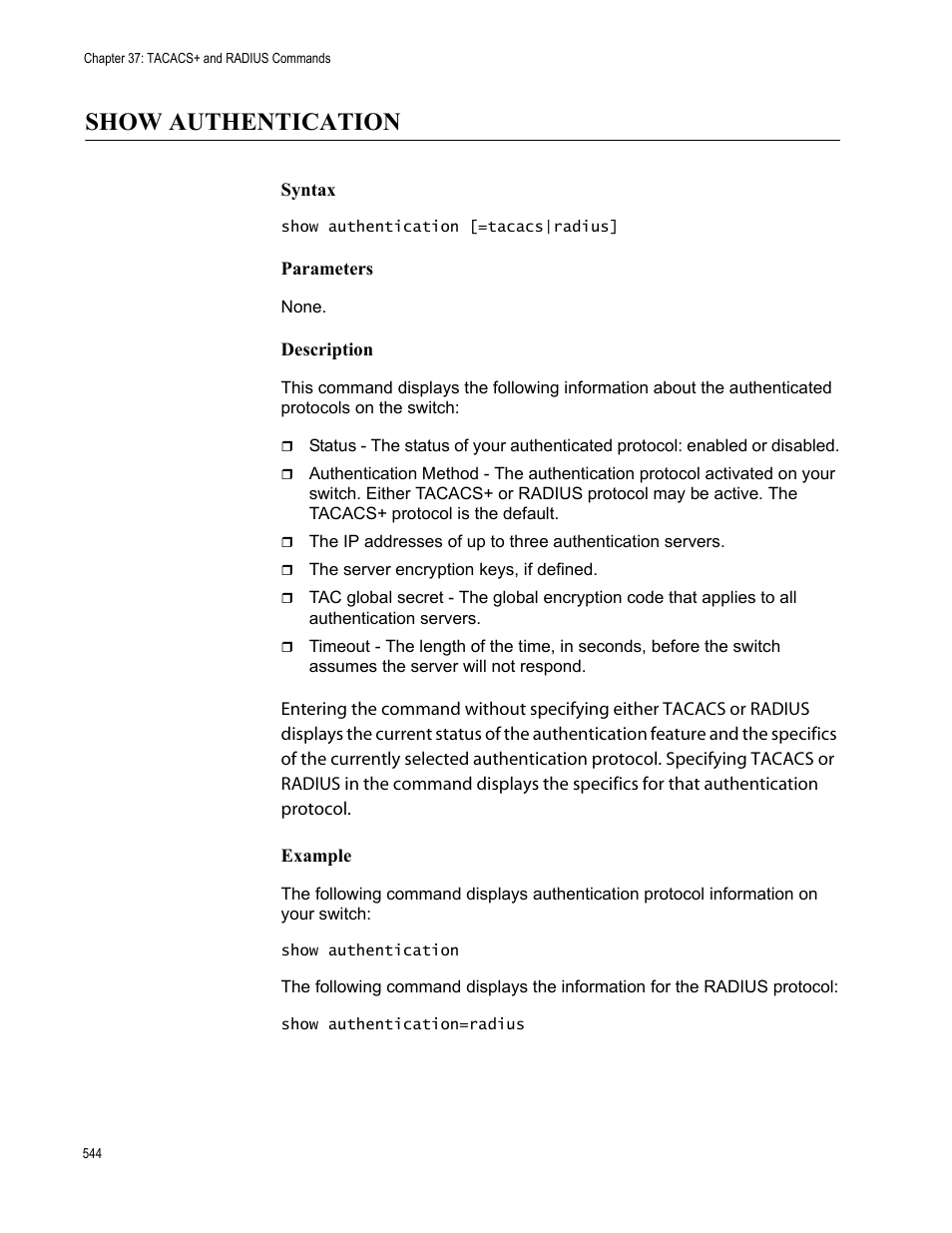 Show authentication, Syntax, Parameters | Description, Example | Allied Telesis AT-S63 User Manual | Page 544 / 562