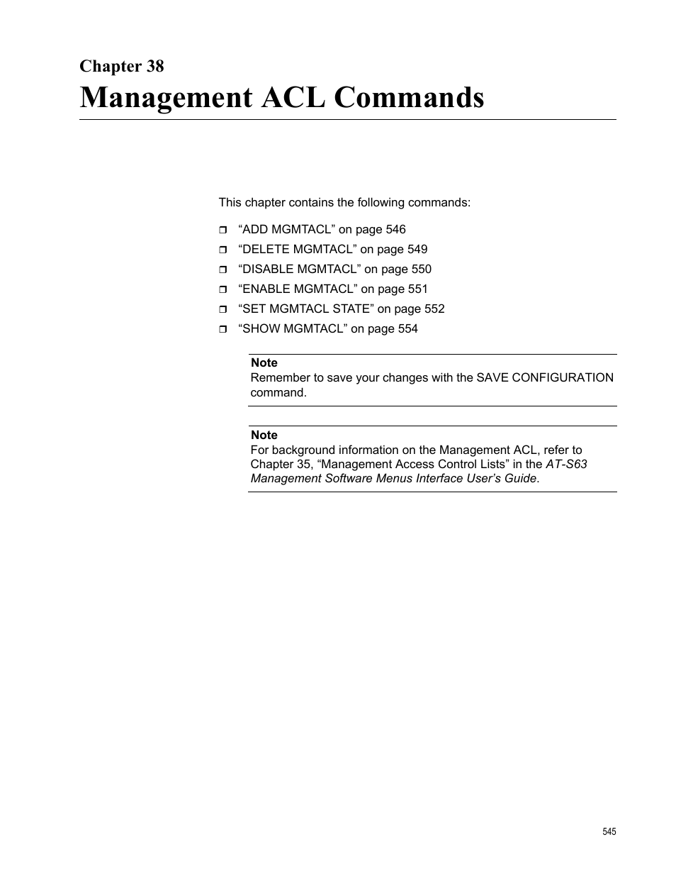 Chapter 38, Management acl commands | Allied Telesis AT-S63 User Manual | Page 545 / 562