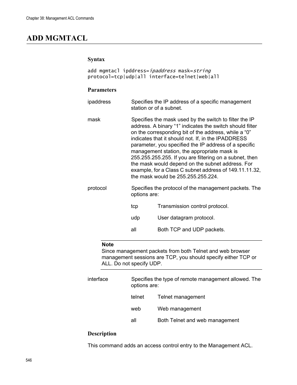Add mgmtacl, Syntax, Parameters | Description | Allied Telesis AT-S63 User Manual | Page 546 / 562
