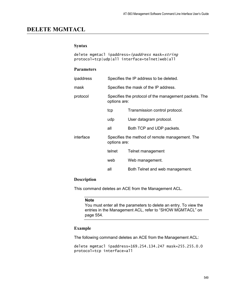 Delete mgmtacl, Syntax, Parameters | Description, Example | Allied Telesis AT-S63 User Manual | Page 549 / 562