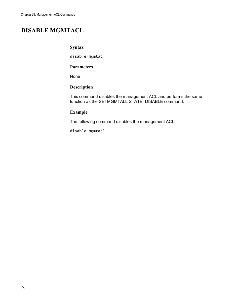 Disable mgmtacl, Syntax, Parameters | Description, Example | Allied Telesis AT-S63 User Manual | Page 550 / 562