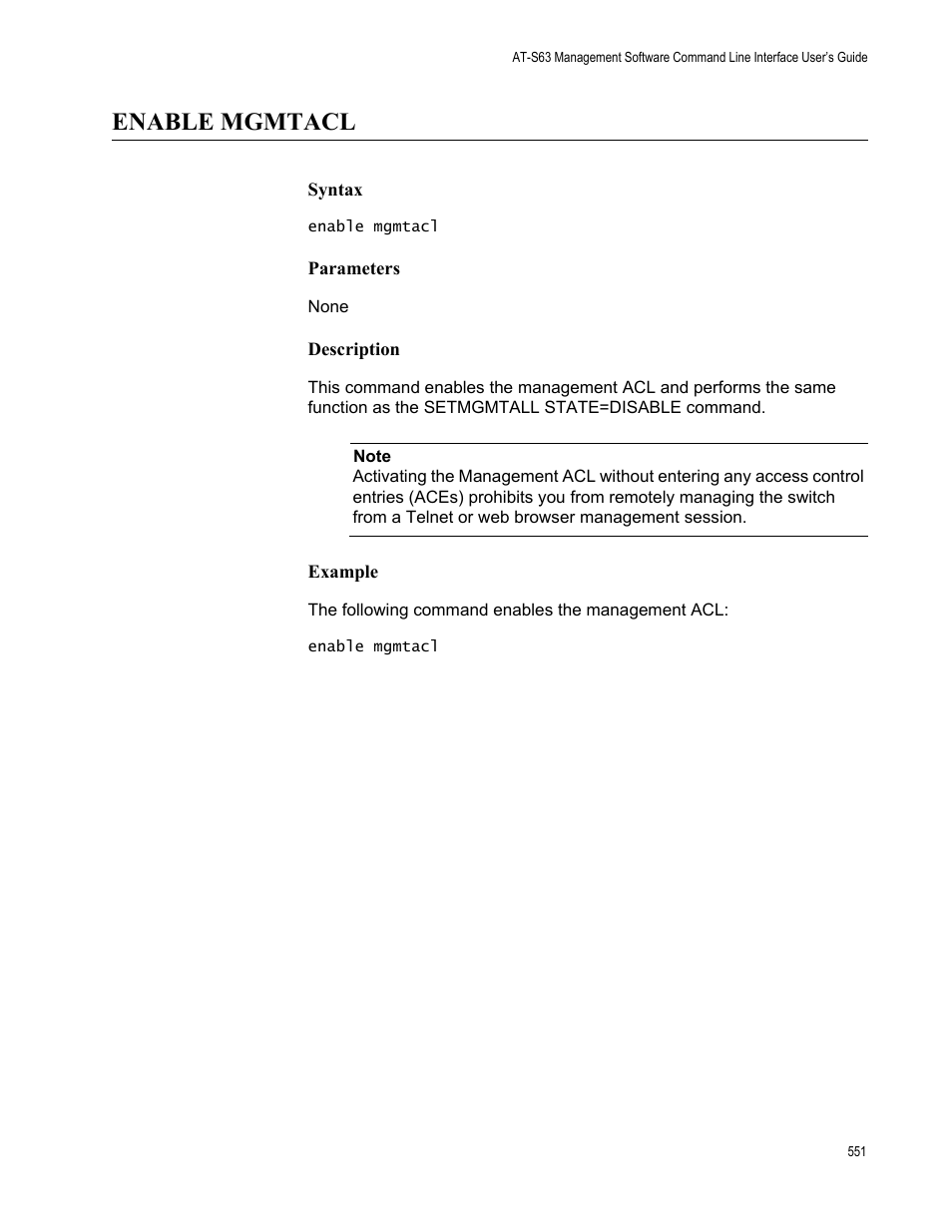 Enable mgmtacl, Syntax, Parameters | Description, Example | Allied Telesis AT-S63 User Manual | Page 551 / 562