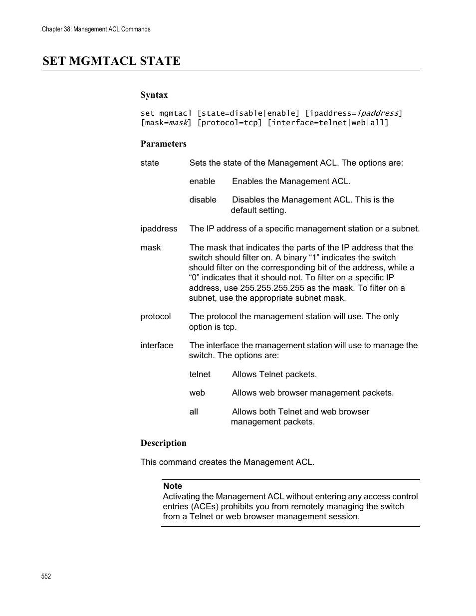 Set mgmtacl state, Syntax, Parameters | Description | Allied Telesis AT-S63 User Manual | Page 552 / 562