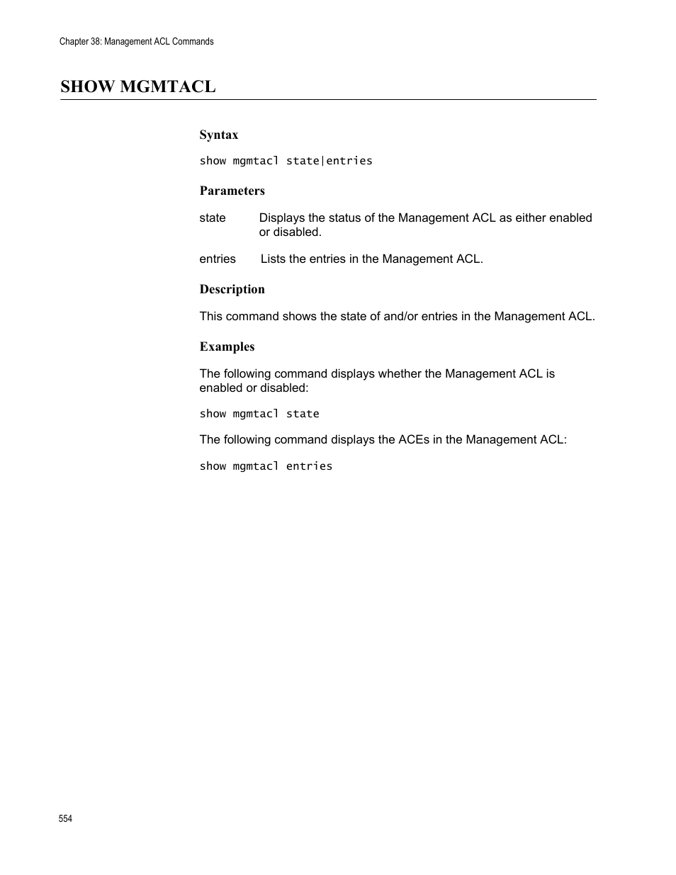 Show mgmtacl, Syntax, Parameters | Description, Examples | Allied Telesis AT-S63 User Manual | Page 554 / 562