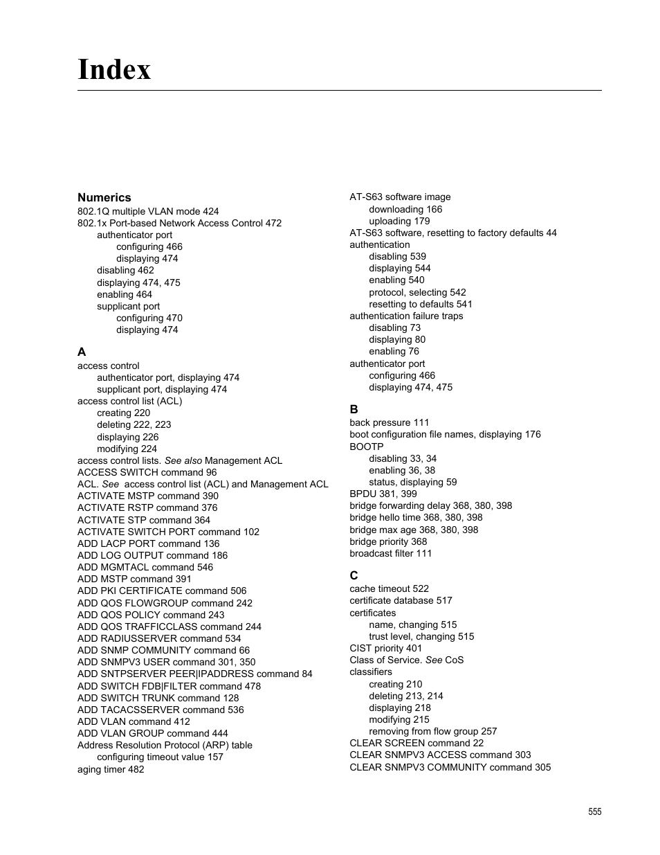Index, Numerics | Allied Telesis AT-S63 User Manual | Page 555 / 562