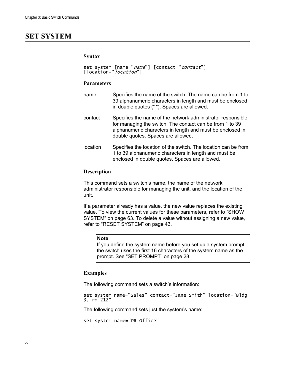 Set system, Syntax, Parameters | Description, Examples | Allied Telesis AT-S63 User Manual | Page 56 / 562