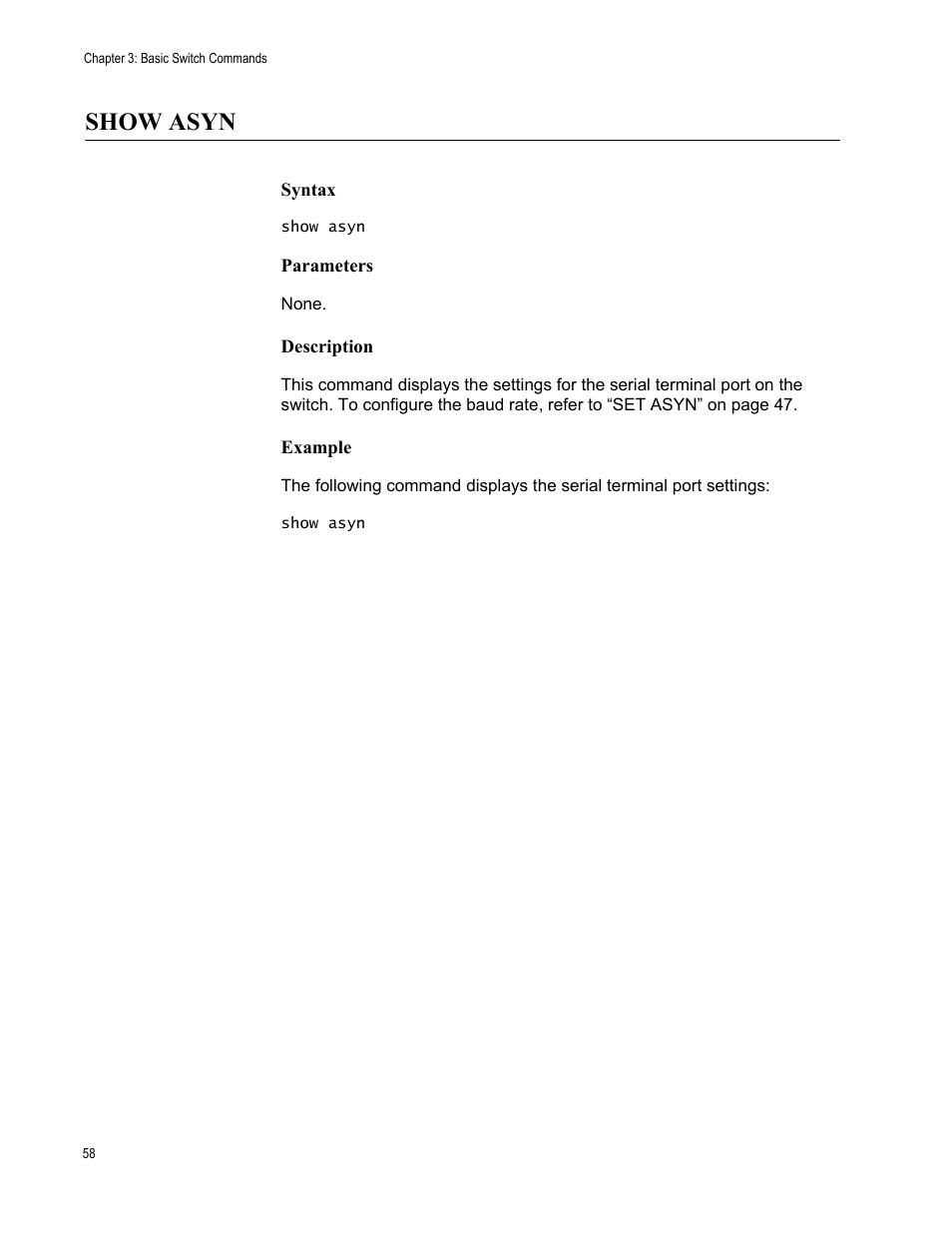 Show asyn, Syntax, Parameters | Description, Example | Allied Telesis AT-S63 User Manual | Page 58 / 562