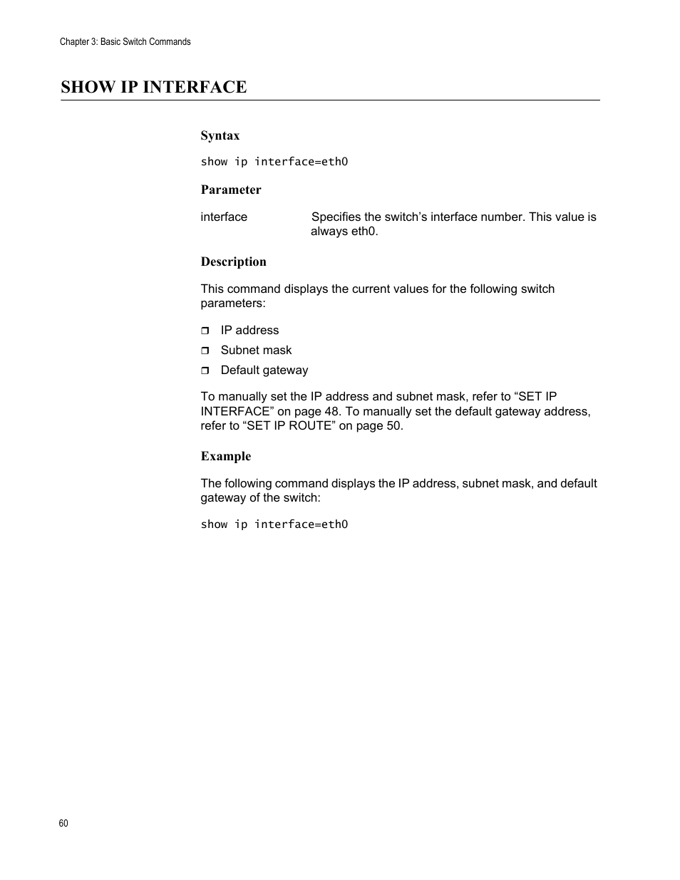 Show ip interface, Syntax, Parameter | Description, Example | Allied Telesis AT-S63 User Manual | Page 60 / 562