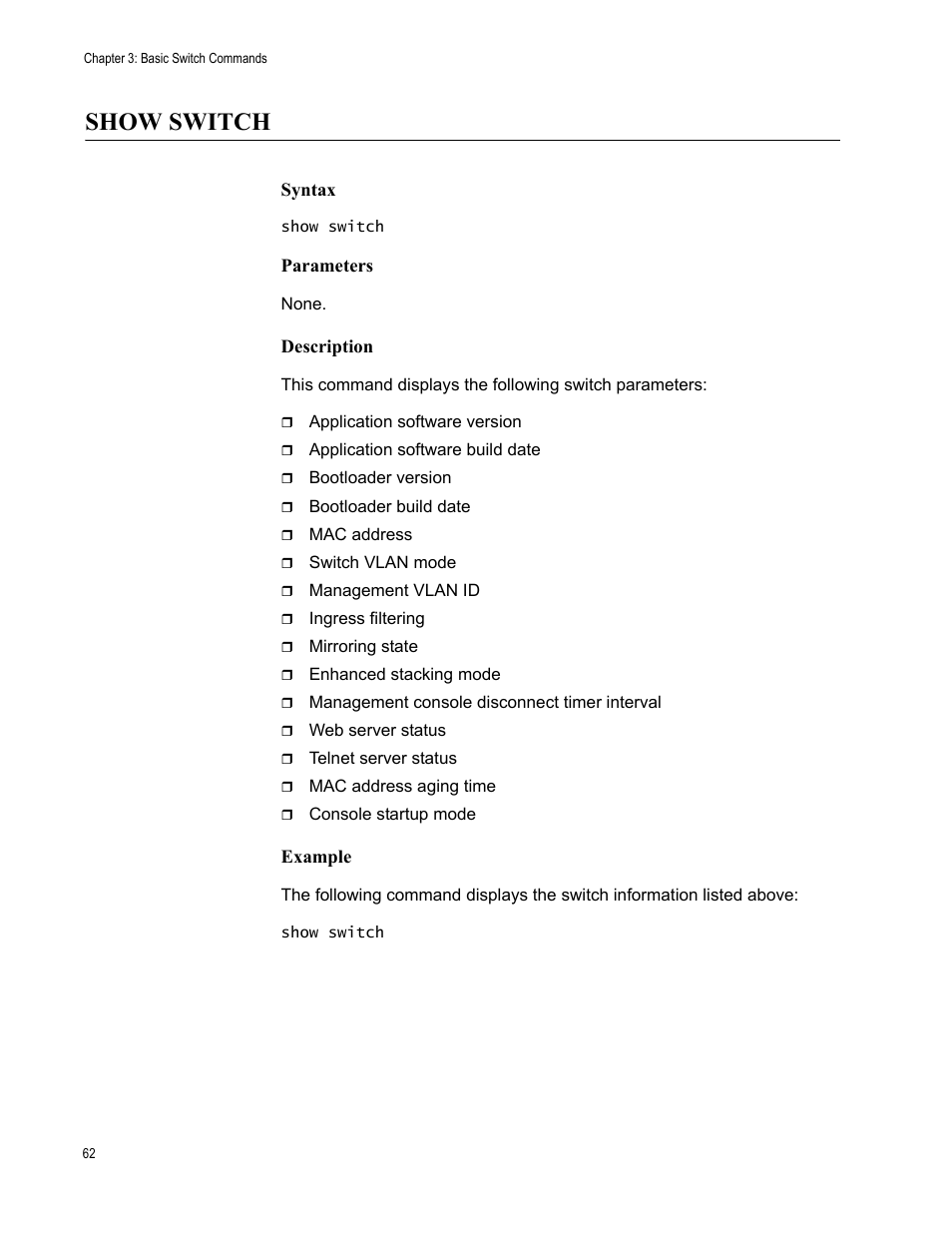 Show switch, Syntax, Parameters | Description, Example | Allied Telesis AT-S63 User Manual | Page 62 / 562