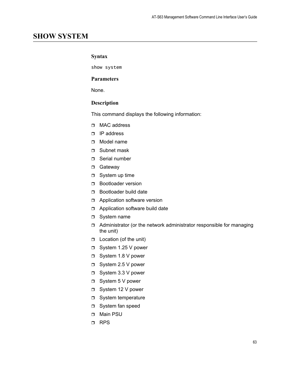 Show system, Syntax, Parameters | Description | Allied Telesis AT-S63 User Manual | Page 63 / 562