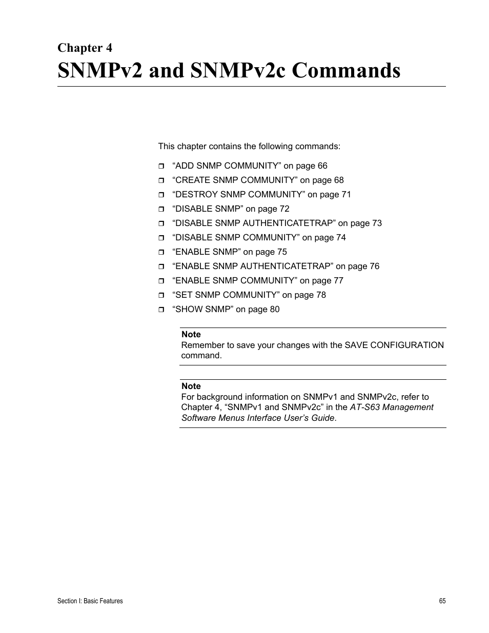 Chapter 4, Snmpv2 and snmpv2c commands | Allied Telesis AT-S63 User Manual | Page 65 / 562