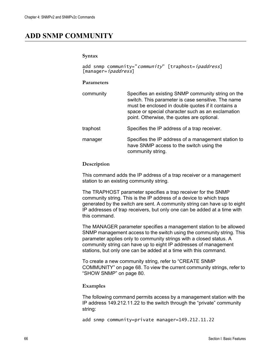 Add snmp community, Syntax, Parameters | Description, Examples | Allied Telesis AT-S63 User Manual | Page 66 / 562