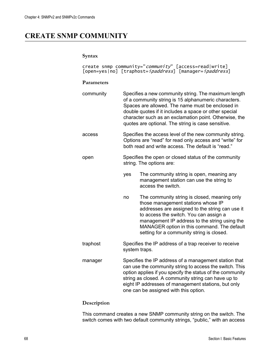 Create snmp community, Syntax, Parameters | Description | Allied Telesis AT-S63 User Manual | Page 68 / 562