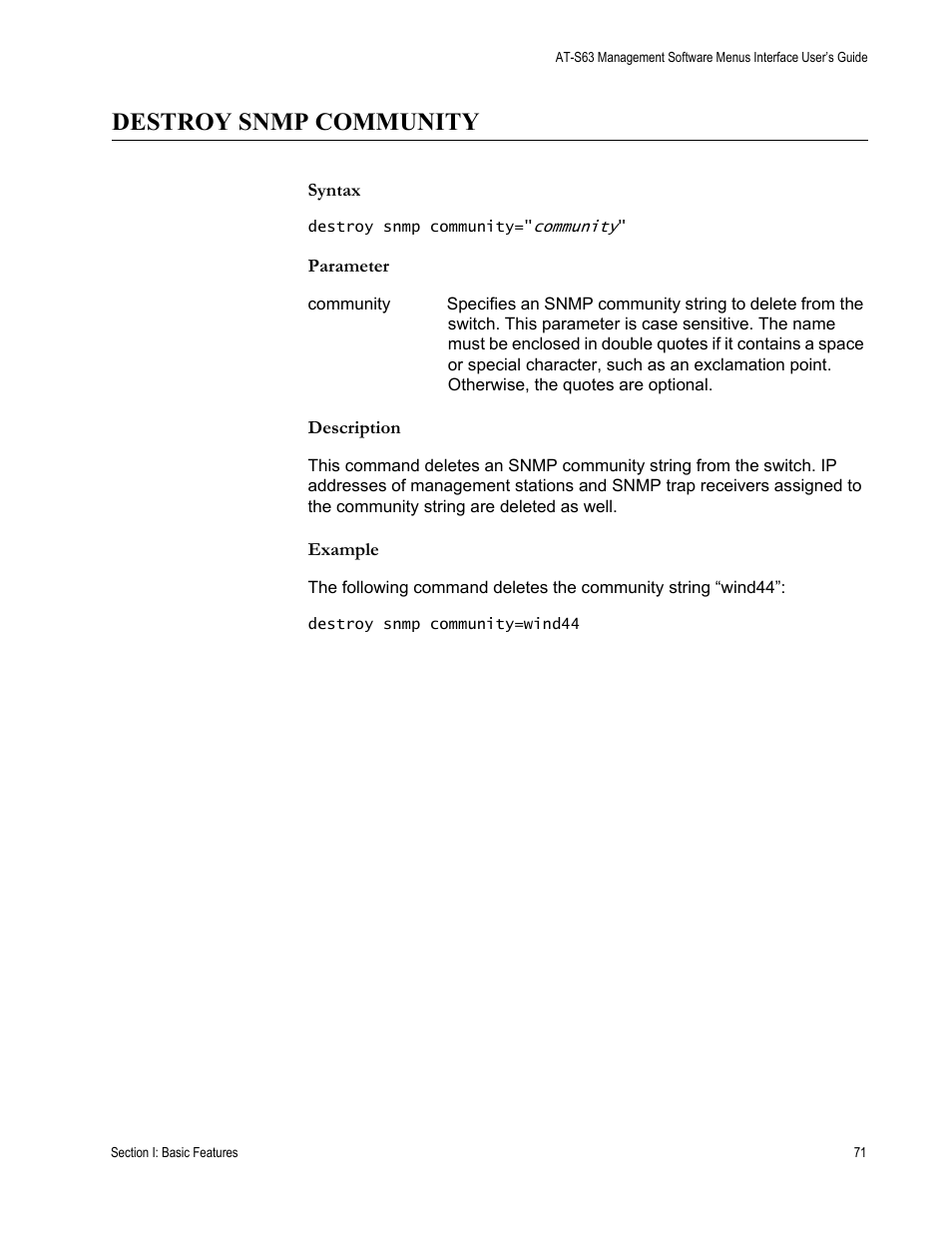 Destroy snmp community, Syntax, Parameter | Description, Example | Allied Telesis AT-S63 User Manual | Page 71 / 562