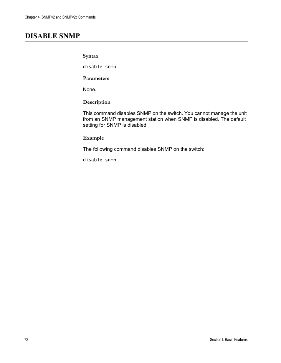 Disable snmp, Syntax, Parameters | Description, Example | Allied Telesis AT-S63 User Manual | Page 72 / 562