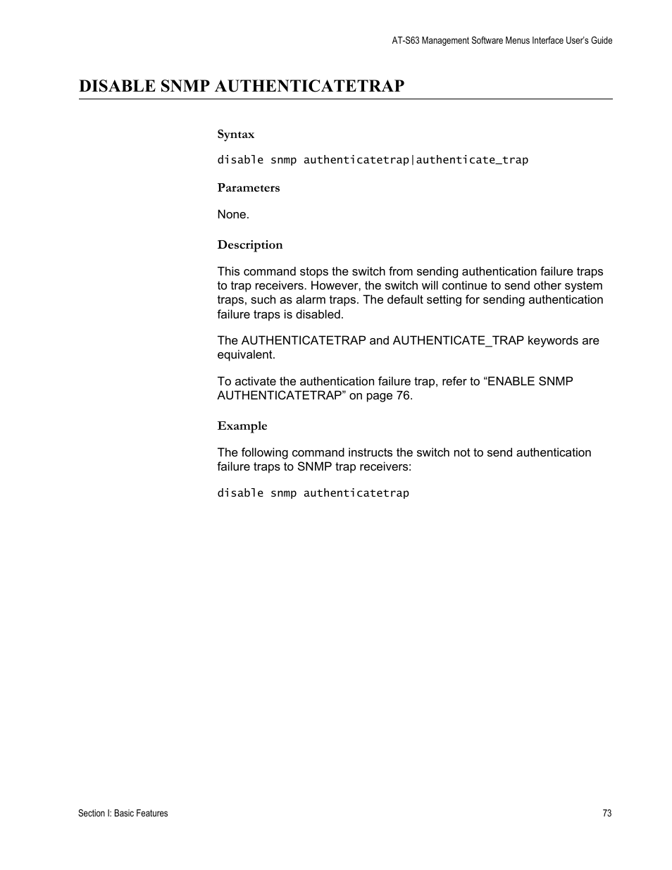 Disable snmp authenticatetrap, Syntax, Parameters | Description, Example | Allied Telesis AT-S63 User Manual | Page 73 / 562