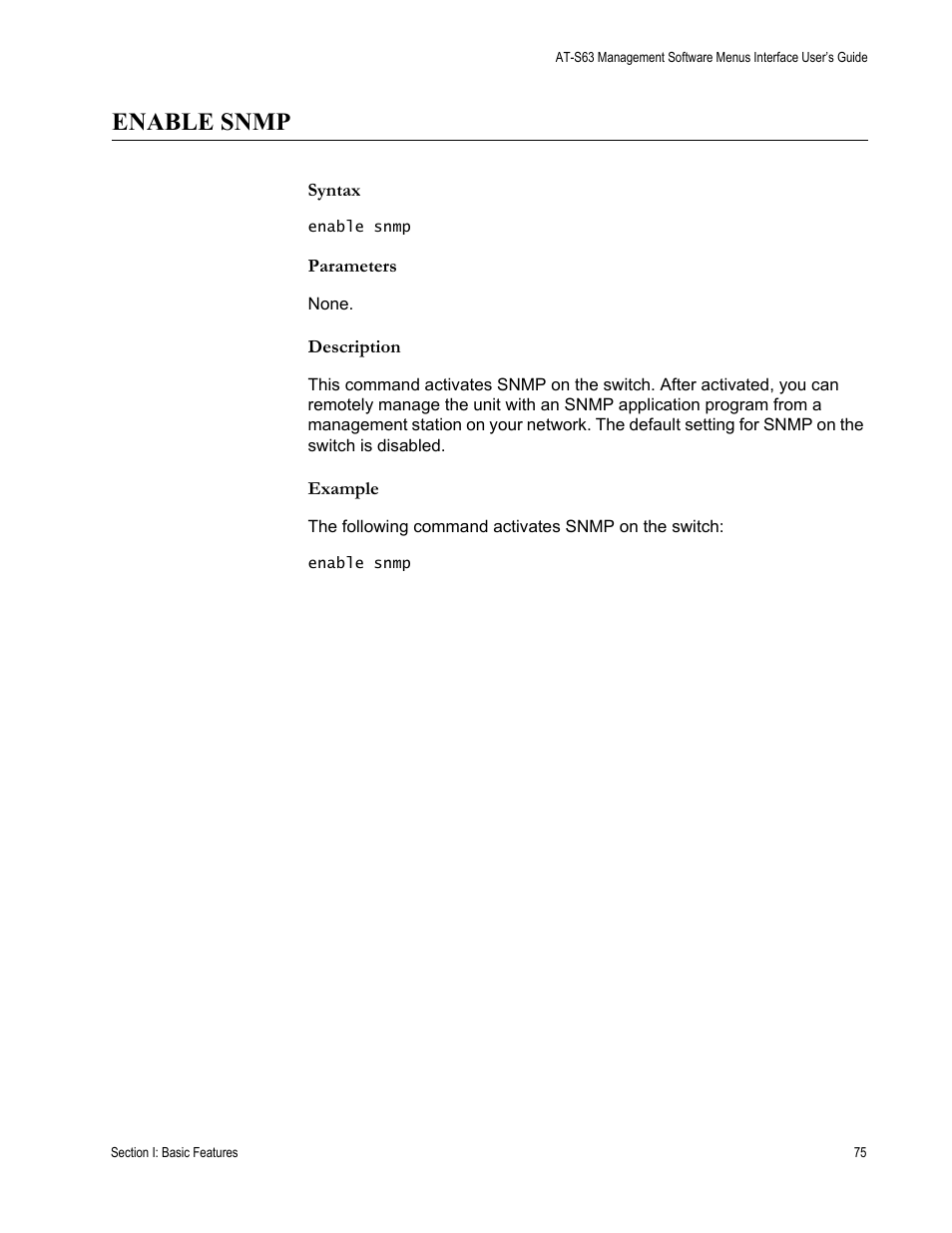Enable snmp, Syntax, Parameters | Description, Example | Allied Telesis AT-S63 User Manual | Page 75 / 562