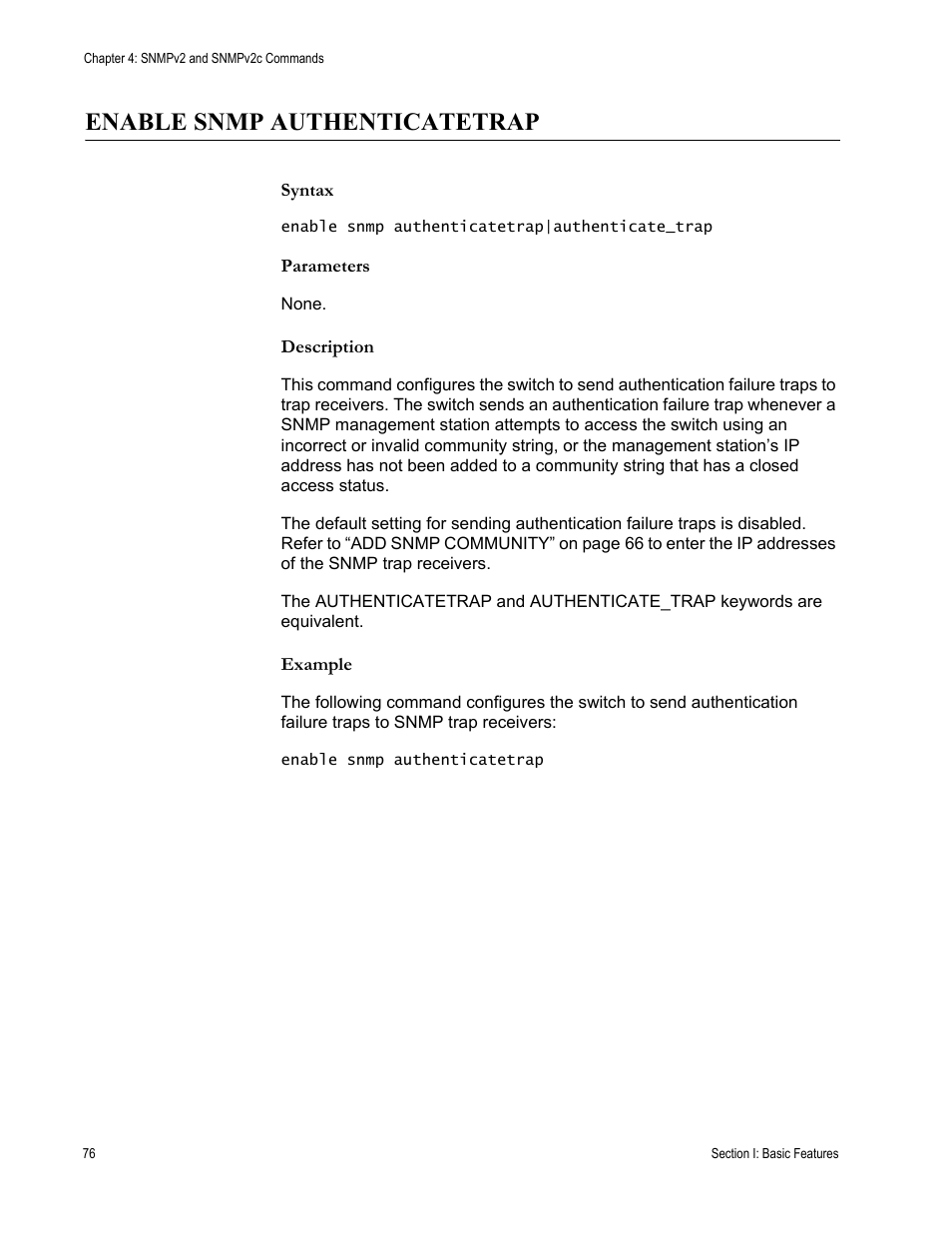 Enable snmp authenticatetrap, Syntax, Parameters | Description, Example | Allied Telesis AT-S63 User Manual | Page 76 / 562