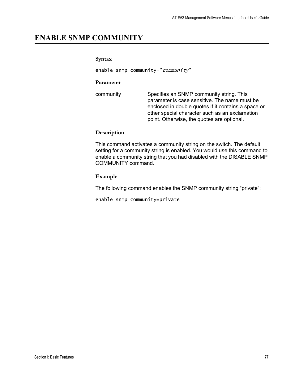 Enable snmp community, Syntax, Parameter | Description, Example | Allied Telesis AT-S63 User Manual | Page 77 / 562