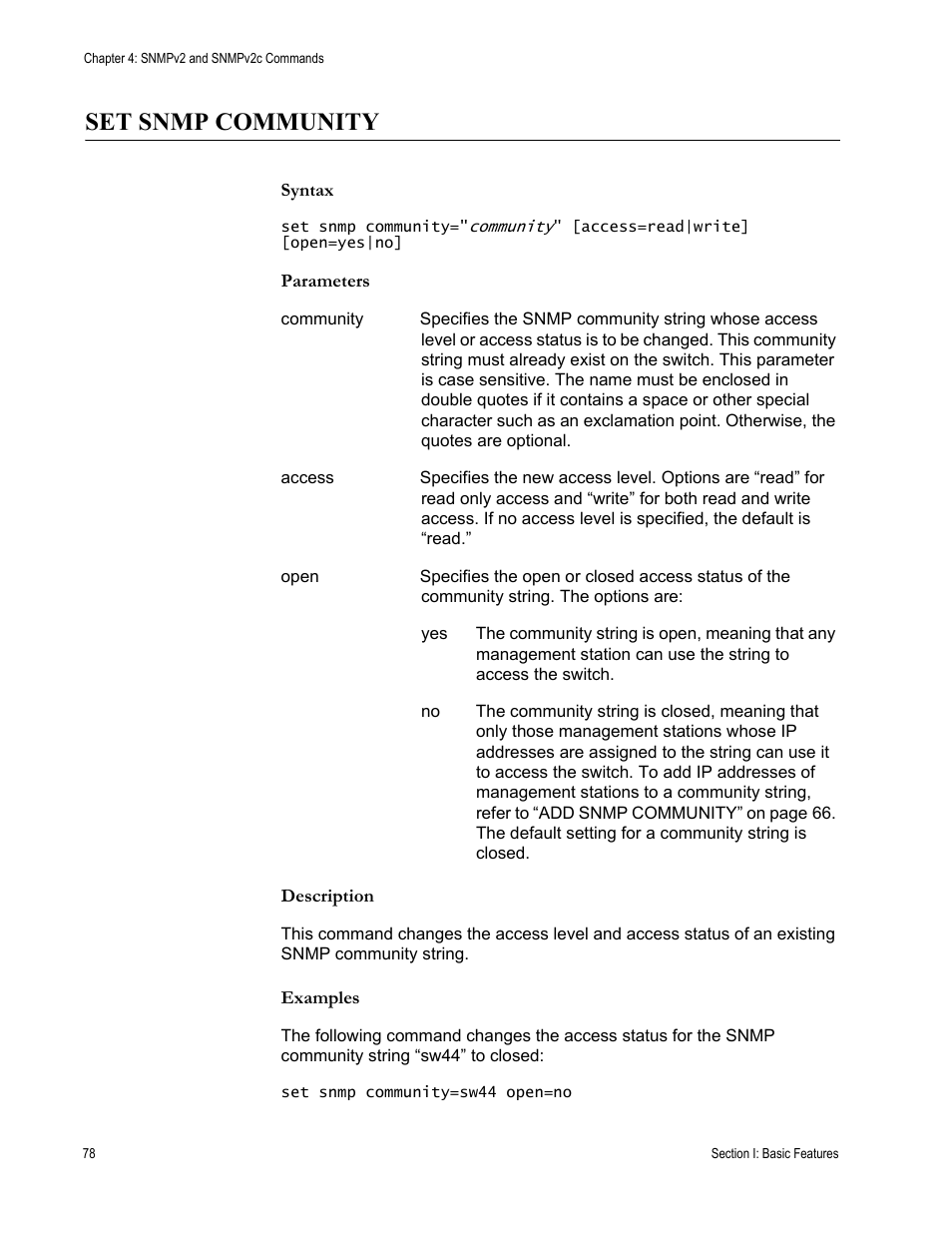 Set snmp community, Syntax, Parameters | Description, Examples | Allied Telesis AT-S63 User Manual | Page 78 / 562